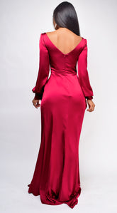 Adalina Burgundy Red Satin Wrap Slit Gown
